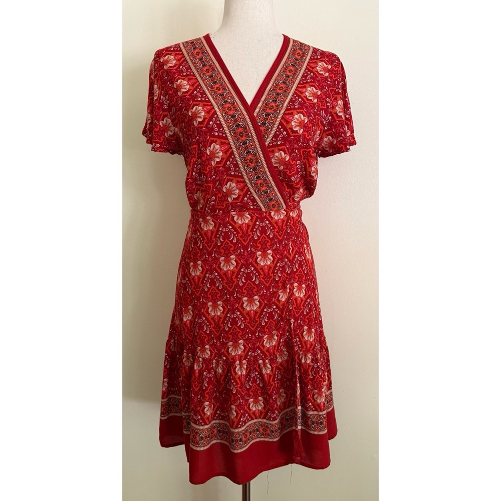 Floral Wrap Sun Dress Red Orange Bohemian Festivl Beach Ruffle Tie Waist Size M